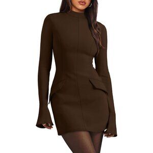 Women's Fall Long Sleeve Mock Neck Dress Basic Party Bodycon Mini Dress Coffee